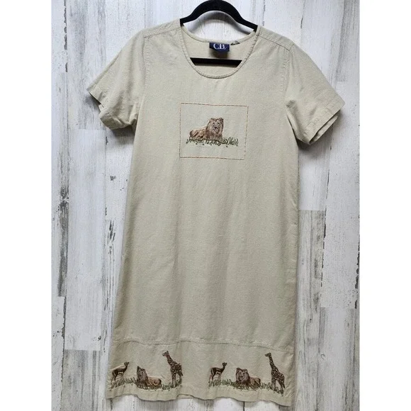 C.B Casual | Dresses | Ab Casual Dress Women Medium Khaki Embroidered  Safari
